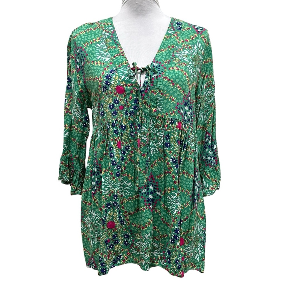 Rachel Zoe Rayon Cottagecore Tunic Ruffle Sleeves V-neck Babydoll Style Hi Low